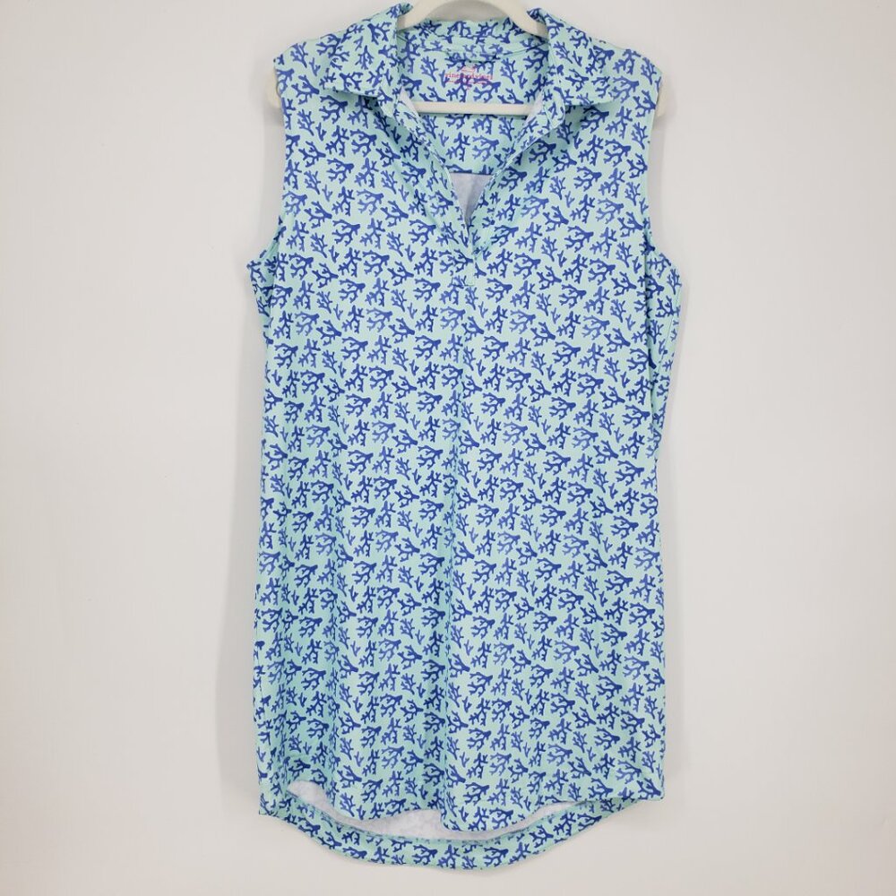 Vineyard Vines Shift Shirt Dress L Womens Sleeveless Coral Reef Mint Green Blue